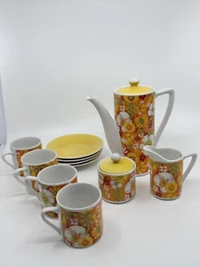 60’s Japanese Orange,Yellow, White Floral Coffee Pot, Cream,Sugar, 4 Mugs/saucer - Picture 1 of 24