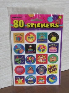 VTG 90s Unique Brand 80 Stickers 4 Sheets Happy Birthday Stickers Alien Clown - Picture 1 of 4