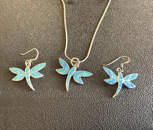 Inlayed Blue Opal Dragonfly Earrings Pendant & Necklace 925 Sterling Silver - Picture 1 of 18