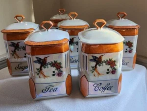 Victoria China Czechoslovakia Canisters Set of 6 Lusterware Orange Bird Design - Picture 1 of 23
