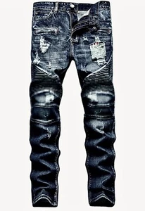 Men's Ripped Slim Straight fit Biker Jeans with Zipper Deco (32Wx30L) NEW - Picture 1 of 10