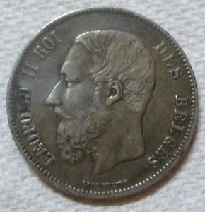 1870 BELGIUM - 5 FRANCS - LEOPOLD II - .900 SILVER CROWN - HIGH GRADE - TONED - Picture 1 of 5