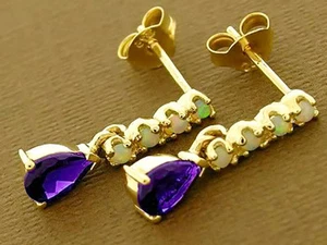 E038 Genuine 9ct Solid Yellow Gold NATURAL Amethyst  & Opal Stud DROP Earrings - Bild 1 von 2