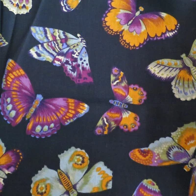 Tela de edredón de algodón mariposas coloridas sobre negro por yarda material artesanal # Foto 1 de 2