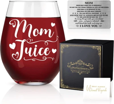 Divertida copa de vino tinto Perfectinsoy Mom Juice con tarjeta, regalo de agradecimiento para mamá fr Foto 1 de 4