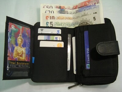 Ladies Cow Leather Purse Wallet with Change Pocket Many Features Black RFID  - Image 1 of 4