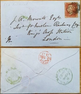 1857 QV 1d env Nantwich 538+WRENBURY udc Great Northern Railway Kings Cross - Imagen 1 de 1