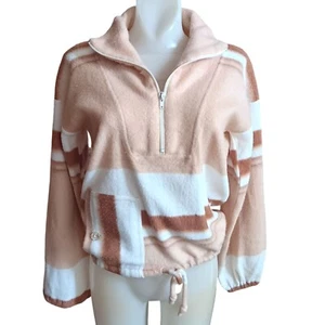 Medium Vintage Fleece Pullover 1970's Peach White Striped Half-Zip Drawstring - Picture 1 of 6