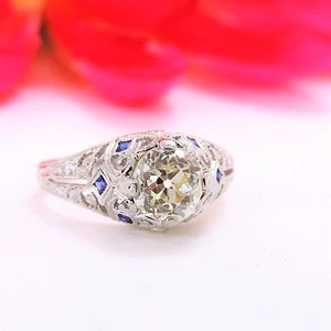Antique 1.45 Ct Euro Round Diamond in Platinum ring w/ blue Sapphires Size 6.5 - Picture 1 of 8