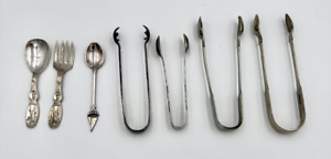 4 Vintage silver plated sugar tongs, a baby fork & spoon set & novelty teaspoon