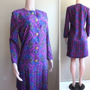 Vintage 90s does Retro 60s Leslie Fay Mini Dress 8 M Purple Poly Mad Men Joan - Bild 1 von 10