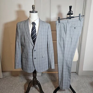 JF J. Ferrar 2PCs Suit Blazer Slim Fit Men 44L Pants 34x32 Gray Plaid - Picture 1 of 24