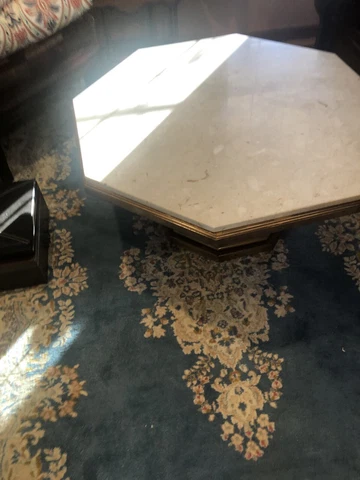 Coffee Table, MCM, Wood Pedestal Base, Hexagon Marvel Top Cover