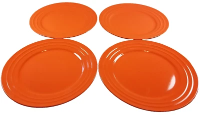 4 PC RACHAEL RAY DOUBLE RIDGE ORANGE BANDS MEYER STONEWARE 10 7/8" DINNER PLATES - Image 1 of 4