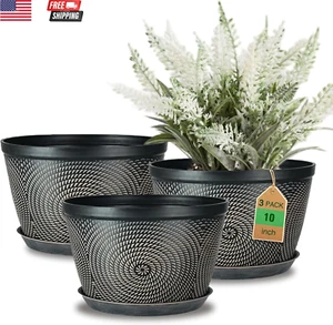 10 Inch Flower Pots for Outdoor Indoor, 3 Pack Plastic Plant Pots with Drainage - Picture 1 of 11