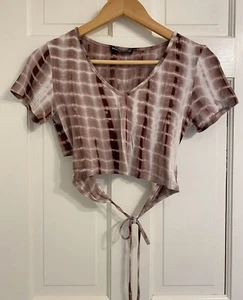 Shein Crop Top beige Batik gestreift Tie Back super weich Kurzarm Shirt M/6 - Bild 1 von 5