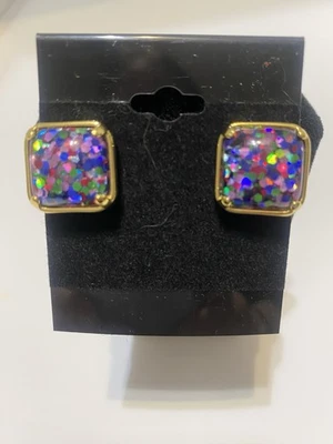 Mary Kay Square Gold Tone Confetti Glitter Stud Earrings - Image 1 of 4