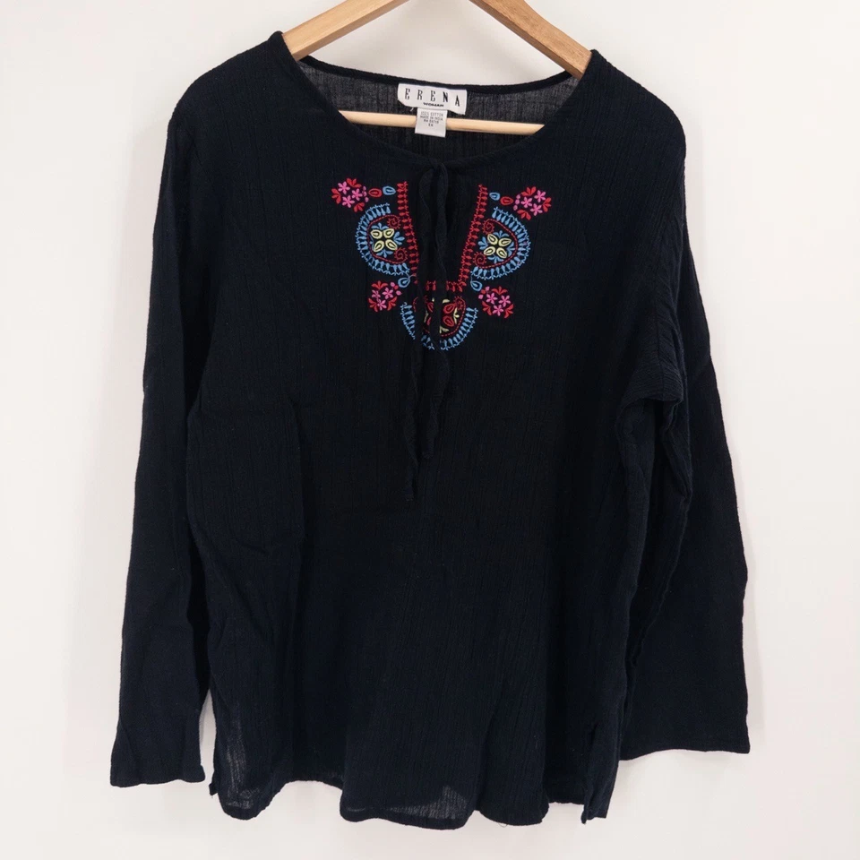 Y2K Boho Embroidered Peasant Top Womens 1X Black Long Sleeve Gauzy Cotton Flowy - Image 1 of 4