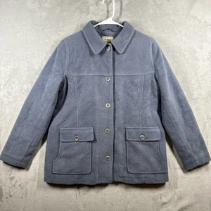 LL BEAN Wool Blend Pea Coat Jacket Women's M Blue Velour Fleece Button Up Lined - Picture 1 of 8