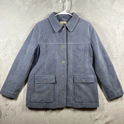 LL BEAN Wool Blend Pea Coat Jacket Women's M Blue Velour Fleece Button Up Lined - Image 1 of 4