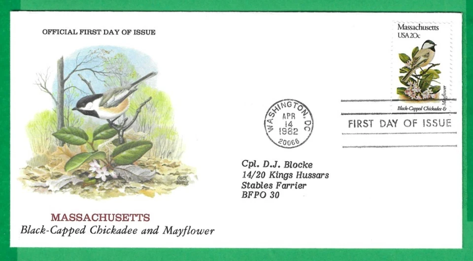 USA ~ STATE BIRDS & FLOWERS ~ MASSACHUSETTS BLACK CAP CHICKADEE ~ 14th APR 1982 - Image 1 of 1