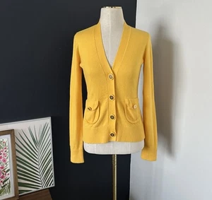 Tory Burch Kaschmir Baumwolle Strickjacke Pullover Gold Logo Knöpfe Gelb Taschen XS - Bild 1 von 11