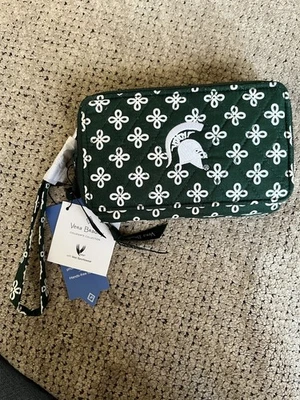 Vera Bradley MSU RFID 一体式斜挎包绿色白色迷你协奏曲全新带标签 — 第 1/4 张图片