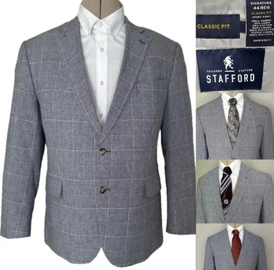 Stafford Classic Fit Blazer Mens 44R Blue Coat Jacket LinenCotton Windowpane - Image 1 of 4