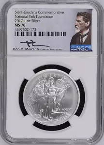 :2017 S1OZ SAINT GAUDENS MERCANTI ETICHETTA PARCO NAZIONALE NGC MS 70 RARO R2 TOP POP - Foto 1 di 2