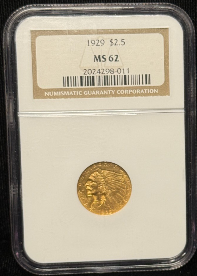 MS 62 Graded 1929 Year Quarter Eagle $2.50 US Gold Coins MS 62 Graded 1929 Year Quarter Eagle $2.50 US Gold Coins