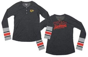 Outerstuff NHL Youth Girls Chicago Blackhawks Long Sleeve Jersey Striped Henley - Picture 1 of 4
