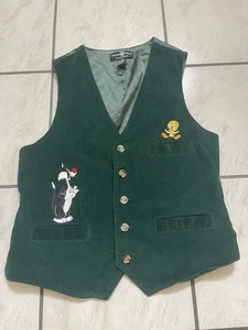 Vintage Men's Warner Brothers Looney Tunes Green Corduroy Vest Size Medium - Picture 1 of 14