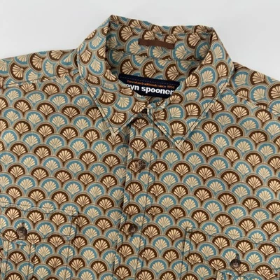 Reyn Spooner Hawaiian Shirt Mens Medium Short Sleeve Brown Blue Fan Pattern - Image 1 of 4