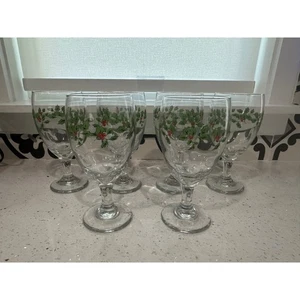 Set of 6 Vintage Libbey Christmas Holly Berry Iced Tea Water Goblets Holiday 7” - Picture 1 of 3