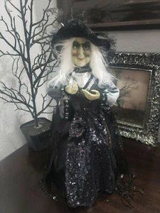 HALLOWEEN WITCH DOLL SHELF SITTER CRYSTAL BALL MANTEL TABLETOP DECOR 17" - Picture 1 of 9