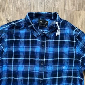 NWT PacSun - Longer Fit Blue Plaid Long Sleeve Button Up Flannel Shirt - Sz L - Picture 1 of 7