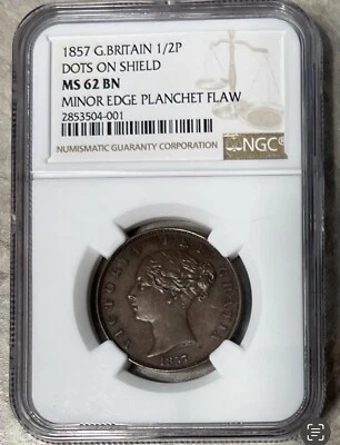 1857 Great Britain 1/2 Penny Dots On Shield NGC MS 62 BN Minor Error  - Image 1 of 4