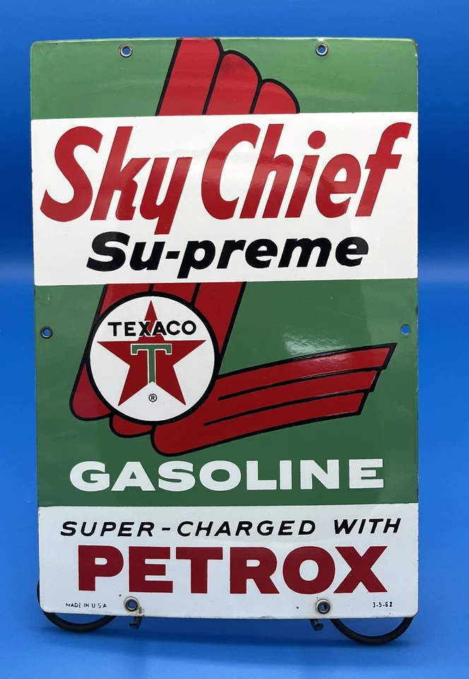 Letrero original 1962 Texaco Sky Chief gasolina Petrox porcelana bomba placa bonito Foto 1 de 4