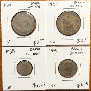 Brazil Coin Lot:1901- 200 Reis, 1927- 1000 Reis, 1938- 100 Reis & 1940- 300 Reis - Picture 1 of 2