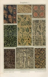 1895 FABRICS TEXTILE ORNAMENTS ORIENT GERMAN ITALY AntiqueChromolithograph Print - Picture 1 of 1