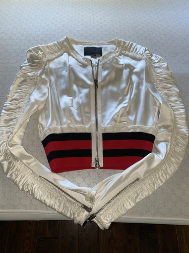 Giacca bomber ALEXANDER WANG raso increspato bianco 10 nuova senza etichette cerniera vita chiusa