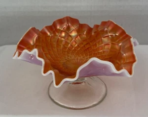 Antique Dugan Peach Opalescent Carnival Glass Folding Fan Diamond Compote - Picture 1 of 7