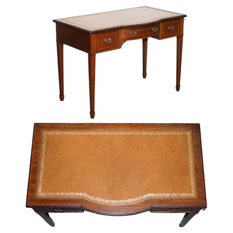 EDWARDIAN 1900s STAMPED MAPLE & CO BROWN LEATHER SHERATON WRITING DESK TABLE Cover