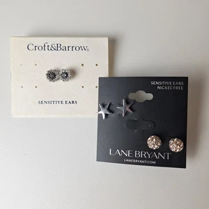 3 Nuevos Pares Pendientes Lane Bryant Croft y Carretilla Sensibles Orejas Estrás  - Imagen 1 de 4