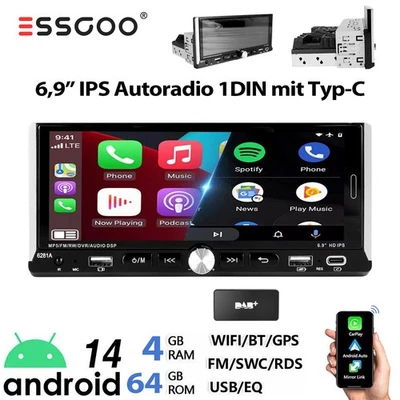 DAB+ Autoradio 6.9" 1 DIN Mit Android 14 4+64G Carplay GPS Navi RDS Bluetooth FM - Bild 1 von 4