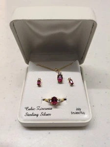 NWT Sterling Silver/Simulated Ruby/ Diamond Accent/Necklace/ Earrings/Ring - Picture 1 of 4
