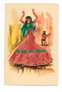 Postal Bordada Bailarina Flamenca Española Trajes Tradicionales - Imagen 1 de 2