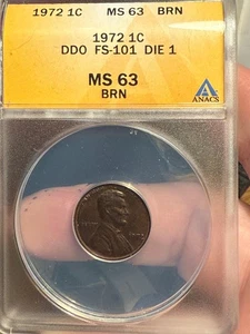 1972 LINCOLN CENT DOUBLE-DIE ANACS DDO FS-101 DIE 1 MS-63 BRN - Picture 1 of 4