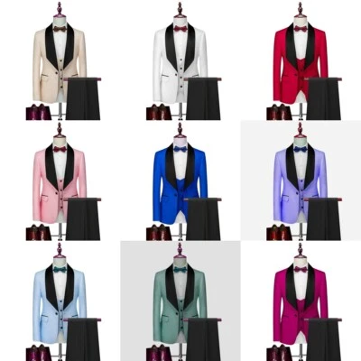 Chal ancho solapa hombres trajes 3 piezas calce ajustado esmoquin chaqueta chaleco pantalón pecho único Foto 1 de 4