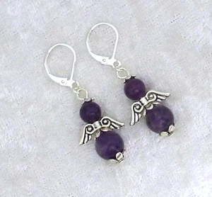 Purple Lepidolite Guardian Angel, 925 Silver Leverback Earrings. Handmade - Picture 1 of 6